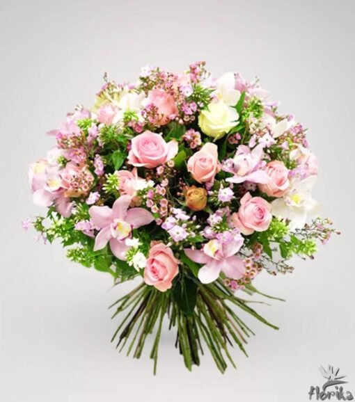 puokštė "Vasaros gaiva" su rožinėmis rožėmis, rožinėmis orchidėjomis ir kitomis gėlėmis