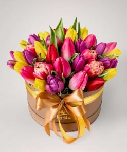A box with multicoloured tulips