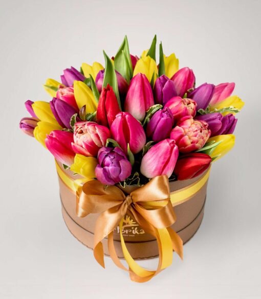A box with multicoloured tulips