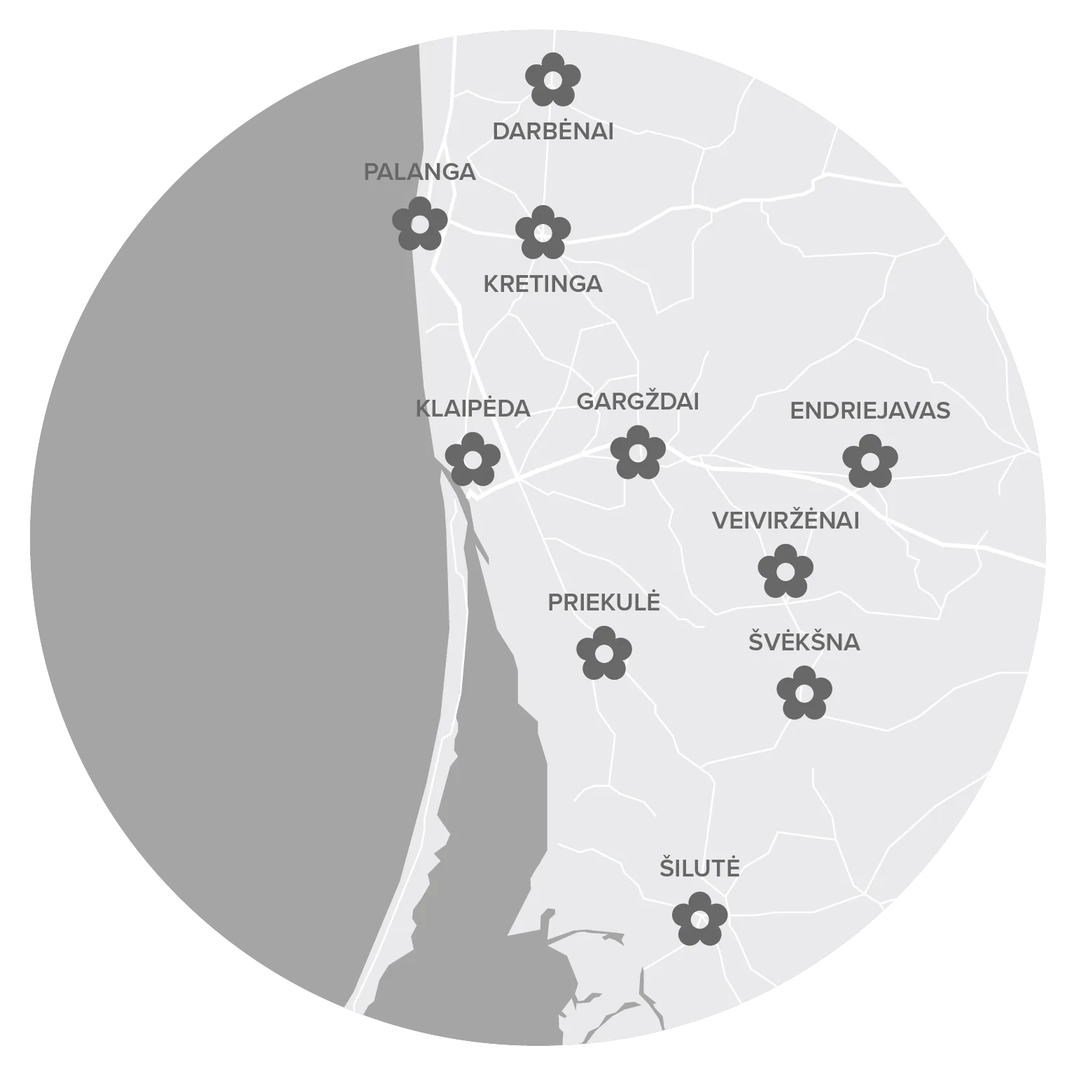 Žemėlapyje nurodyti miestai, į kuriuos pristatome gėles: Klaipėda, Darbėnai, Palanga, Kretinga, Gargždai, Endriejavas, Veiviržėnai, Priekulė, Švėkšna, Šilutė