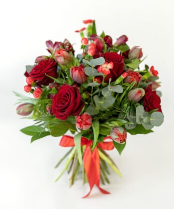 Bouquet with red roses and red tulips