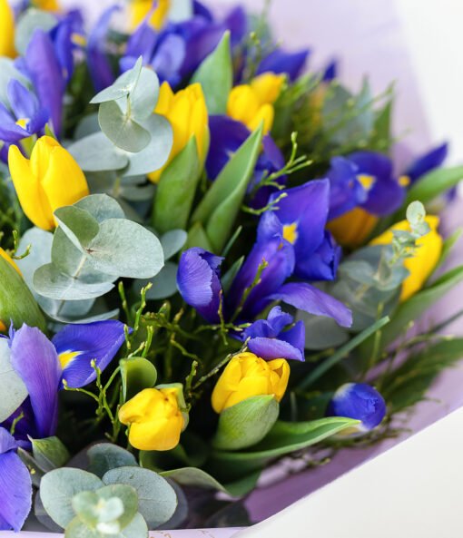 Bouquet of yellow tulips and blue irises close view
